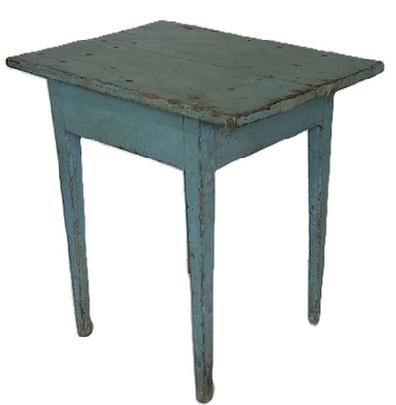 **SOLD** J458 18th century Delaware Hepplewhite stand in old light blue paint. The two-board top is secured to base with large rosehead nails. Apron is mortised into the tall, gracefully tapered legs. Measurements: 27 ½ wide x 20 ½ deep x 28 tall.  