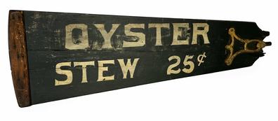 J41 Early 20th century double sided Restaurant Advertising Trade Sign painted on a wooden fan blade. One side reads OYSTER STEW 25c and the reverse side reads PORK & BEANS.