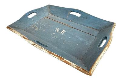 L464 Sturdy 19th century New England Apple Tray retaining beautiful old dry blue over the original gray painted surface with the initials N.R. painted in white in the center. The top edges are also adorned with white paint. The tray features deeply canted sides with shaped cutouts on each side for convenient carrying. The wood is pine with square head nail construction. Measurements: Top is 25 wide x 19 deep x 2 ¾ tall (bottom is 19 7/8 wide x 13 ¼ deep).