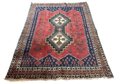 **SOLD** M197 Beautiful hand-woven and hand-knotted wool tribal Persian Rug with distinct vertical arrangement of striking geometric double diamond designs as a large central medallion in very desirable reds and blues. This style rug originated in the weaving areas of Shiraz/Afshar.