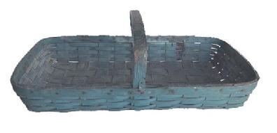 M297 19th century Pennsylvania hand woven splint Gathering Basket in original blue painted surface. Very sturdy basket with shallow sides and a double steamed and bent rimmed opening with a 1 1/8 wide steamed and bent handle secured with tiny tacks and a tin T bracket on each side of the handle-basket junction for added support. The slats used for the bottom are 1 ½-1 ¾ wide. Very minor losses commensurate with age and use. Measurements: 25 ½ x 13 ½ x 3 ½-4 tall sides, depending on where measured. ~8 tall at handle.