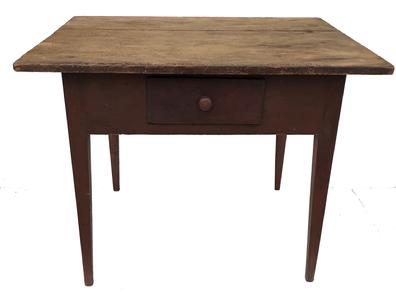MG1 Pennsylvania painted pine,two wide board top work table, 19th c, with a scrubbed top and red painted base, dovetailed drawers and original knob Measurements are:30 1/2" h., 39 1/2" w., 32" d.