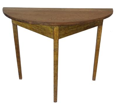 S313 19th century Eastern Shore Maryland Demi Lune Table with the original mustard paint, and a scrub top. square head nail construction. Measurements are: 40" wide x 31" tall x 18" deep