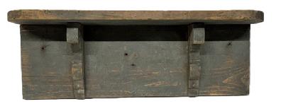 **SOLD** M205 Mid-19th century New England original pewter gray painted Wall Shelf. Classic lines with nice, applied decorative cutout supports underneath and rounded front corners. Very sturdy. The wood is pine. Square head nail construction. Circa 1850s. Measurements: 24 wide x 6 ½ deep x 8 ½ tall. The shelf support boards are 1 thick.