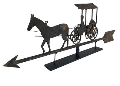 V257 Horse and Buggy Weathervane Outstanding workmanship early 20th century sheet iron weathervane all hand made -- with the remains of the original black paint,