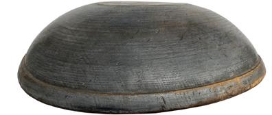 W19 Early 19th century Wooden turned Bowl Small size, with the original dry blue/gray paint, and shows wonderful lathe marks, measures 14" diameter out of round, with a band around top of bowl