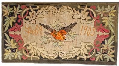 W367 Dated 1903 Antique Folk Art Hooked Rug with Birds AND Floral DESIGN Hooked Rug , Dated Feb. 9 1903, in excellent condition professional mounted and cleaned on frame, beautiful colors Size is 58 1/2 inches long x 31 inches wide.