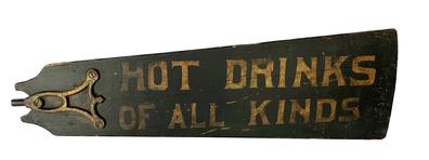 J42 Early 20th century double sided Restaurant Advertising Trade Sign painted on a wooden fan blade. One side reads HOT DRINKS OF ALL KINDS and the reverse side reads PORK & BEANS
