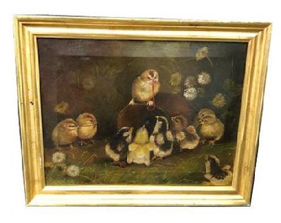 F18 Wonderful oil painting of a baby chick standing on an old tin can with a worm in his beak and nine additional fluffy chicks gathered around. Painting is attributed to world renown artist, Ben Austrian (1870 – 1921).