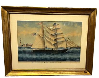 M296 Spectacular hand painted watercolor and gouache painting of a double masted, fully rigged ship in full sails with the caption below: Brig . Raven Capt. Saml. M. Nash Leaving Venice 1880. It is signed in the lower right corner Antonio Luzzo Painter off Venice. (Artist Anthony Antonio Luzzo (1855-1907) The ship is boasting a red and white pennant that reads RAVEN, a U.S. Flag and a flag with white stars upon a blue background. The ships details in this painting are phenomenal! Professionally framed measurements: 40 ¼ wide x 1 ¾ deep x 30 ½ tall.