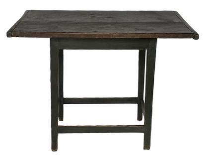 L67 Very early 19th century Pennsylvania stretcher base Tavern Table bearing old blue painted surface. One board top boasting breadboard ends has a nice overhang on all sides and bears a great dark natural patina from years of use. The legs and stretchers are mortised and pegged construction. Top is secured with large square head nails and wooden pegs. The wood is maple. Circa 1800. Measurements: 34 ¾ wide x 23 deep x 25 ½ tall. The overhang is 7 1/8 on ends and 3 ½ on sides.