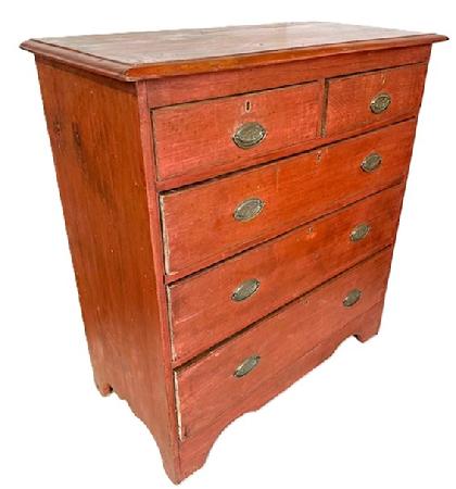 **SOLD** L520 Pennsylvania Federal style Chest of Drawers bearing its original red painted surface with five (5) dovetailed drawers in a two over three graduated drawer configuration. A decorative cut-out apron at the bottom adorns the front and the ends also feature decorative cut out feet. The wood is pine. All drawers bear clean, natural patina interiors. Circa 1840s. Measurements: 38 wide x 18 ¾ deep x 41 tall.