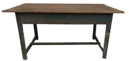 (H400) 18th century ( 1790 - 1810) North Carolina Tavern Table with H dovetailed stretcher, with a plain skirt with no drawer and the remains of the original green paint, the legs are straight and simple, with wonderful foot wear to the stretchers. The wood is all yellow pine. Measurements are 60" long x 39" wide x 28" tall