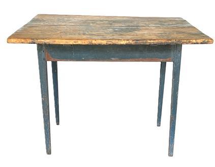G630 Beautiful 18th century Delaware Valley original blue painted worktable. Apron is mortised and pegged into the tall, delicately tapered Hepplewhite legs. Sturdy, chamfered edge applied wooden battens on each end beneath the two board top help to support the top as well as keeping it from twisting / warping. The wood is pine. Circa 1780s. Measurements: 35 ¾ wide x 32 ½ deep x 26 ¼ tall.