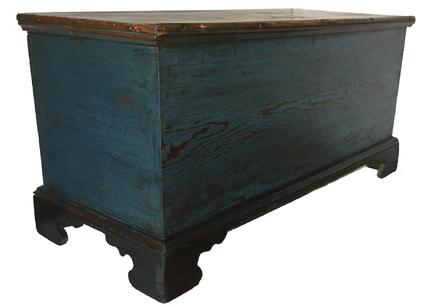 D336 19th century Talbot County Maryland Blanket Chest with the original blue and black paint, dovetaile case and dovetailed feet.. The applied bracket base is also dovetailed, it has an over size glove tile with a molded edge lid. One board southern yellow pine construction, very unusual applied molding on the back feet. Found in a home in Easton Maryland 43 1/2" long x 19 1/4" deep x 22" tall