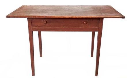 H184 Early 19th century original red painted work table featuring a two board rectangular top with breadboard ends, over single drawer, raised on very fine tapered legs. circa 1820