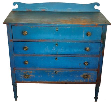 E499 Breathtaking New England Early 19th Century "High Country" blue painted Sheraton four drawer chest with a shaped back splash. Vibrant old blue over the original red painted surface.The case of the chest is resting on tall turned legs, dovetailed drawers Maple is primary wood secondary wood is popular. measurements are 43" tall 42" wide 20" deep
