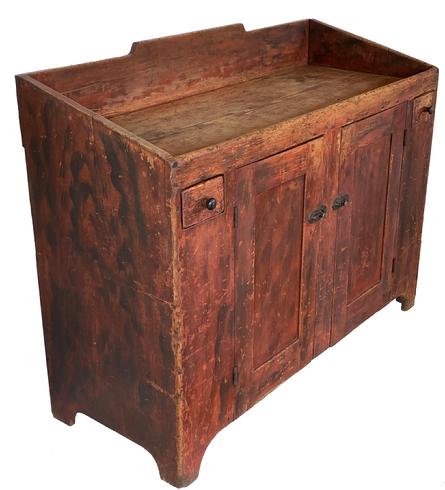 D266 Early 19th century Pennsylvania open well pine drysink, retain it original red paint with black decorated, paint decorated surface