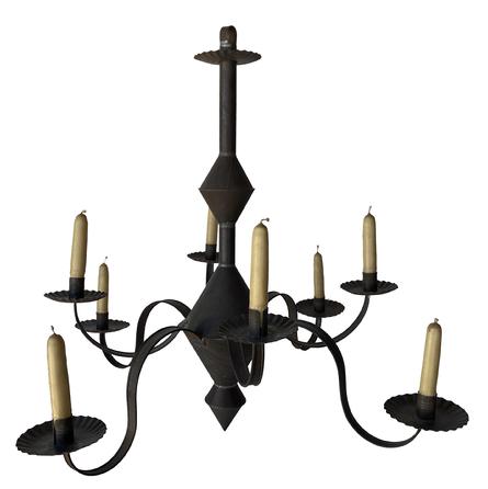F153 Pennsylvania hand made tin Chandelier, signed on top by maker – “J.K.R.”. It has eight arms and is not electrified. Bee’s wax candles are included with Chandelier. Measurements are: 29 ½” diameter x 26" tall