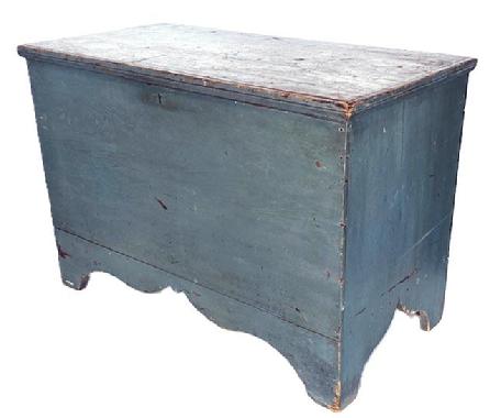 L109 Mid-19th century New England original blue painted tall footed pine blanket chest featuring six-board, square head nailed construction with applied edge molding around the hinged lid all flanked by solid ends boasting a high, unusual cut-out "whale's tail" profile to the ends of the base and a decorative cutout along the front of the base. Clean, natural surface interior. Circa 1850s. Measurements: 37 ¾ wide x 19 ¼ deep x 25 ¾ tall.   