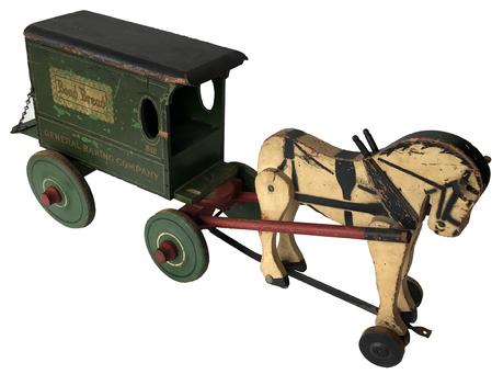 E300 Rich Toys Horse-Drawn Bond Bread Wagon Toy. American. All wooden wagon pulled by one horse. Marked "812 Bond Bread General Baking Company" on both sides of wagon. Original back door with chains . . Just a few small cracks and some crazing to paint.Condition (Excellent). Size 23" L.Rich Toys Horse-Drawn Bond Bread Wagon Toy.