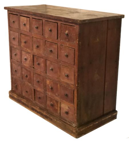 F65 Early 19th century twenty five drawer Apothecary in red over the original yellow paint with a nice applied base molding and beaded edge around the drawer openings. All square nail construction. Circa 1800-1820. Measurements are: 18 1/2" deep x 41 1/2" wide x 38" tall