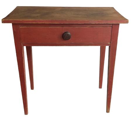 F95 Early 19th century Country Hepplewhite one drawer Server / Side Table, in the original red paint, the over sizes drawers is dovetailed , with a one board scrub top, nice tapered legs, Measurements are 30” long x 17 ½” deep x 30” tall