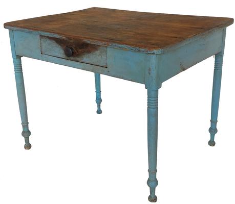 A437 Lancaster County, Pennsylvania early 19th Century Country Sheraton work table with a single dovetailed drawer in old blue over the original green paint. The wood is pine. The top is constructed of two nice, wide boards – one measuring 18 ¼” and the other measuring 11 ½” wide! Hidden on the back is a very unique feature; 2 pull-out supports to hold an extra board/leaf to provide extra table top space. Table is great overall height of 30” tall (23 ¾” from floor to apron), which is perfect size to be used as either a breakfast table or a desk! Measurements: 39” wide x 29 ¾” deep x 30” tall