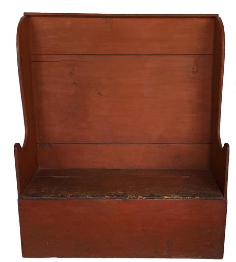F97 American High Back Settle Bench, New England - circa 1800 in original red paint, with storage area under the seat and a nice high back with three wide boards, with shaped sides. The center divider under the lid is dovetailed into the front. Measurements are: 19" deep x 47 " wide x 54 3/4" tall