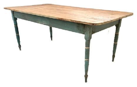 **SOLD** L303 Late 19th century North Carolina country farm table in original blue painted surface featuring a four-board scrubbed top resting on apron that is fully mortised and pegged into the turned legs. The wood is southern yellow pine. Circa 1860-1880s. Measurements: 71 long x 37 5/8 wide x 28 ¾ tall. (23 ½ clearance from apron to floor.)