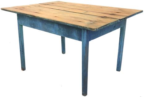 F75 18th Century New England original blue painted farm table with three board scrub top. The wood is all pine. Rose head nail construction. Measurements: 47 1/4” wide x 34 1/2” deep x 27 3/4” tall (with floor to apron being 21 1/2” tall)