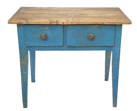  K1732 Nice 19th century two-drawer sideboard table / server with original blue painted surface and two-board, scrubbed top resting on splayed Hepplewhite legs. Wooden pegged and wire nail construction. The drawer stretchers are mortised. The wood is pine. Found in Pennsylvania. Circa 1860-1880s. Measurements: 34 ¼ wide x 21 deep x 28 ¼ tall. (19 ¼ apron to floor).   