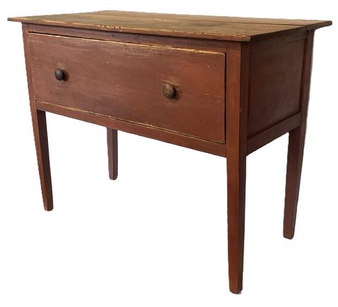 **SOLD** K1710 Beautiful 19th century original red painted Southern Huntboard / Slab with one large drawer with wooden knobs. The fully mortised and pegged case boasts hand-chamfered paneled ends and rests on tall, tapered Hepplewhite legs. Two board top. Nailed construction. The wood is yellow pine. Circa 1850s. Measurements:  47 wide x 23 ¾ deep x 35 ½ tall. Apron to floor is 20. 