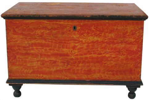 V12 Early 19th century Lancaster Pennsylvania vibrant painted Blanket Chest, signed Neil Baster, Lancaster six board chest with over size till, dovetailed case, applied black molding and turned feet