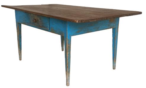 D447 19th century Shendoha Vally Virgina Farm Table , in original blue paint, with a single over sized square head nailed drawer, three board top, mortised and pegged construction,