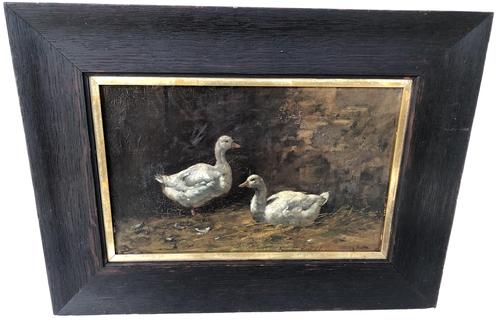 F39 19th century Painting of Ducks, painted on artist board with the original woodrn black frame, signed by Artist Measurements are: 12 3/4" tall 17 1/8" wide