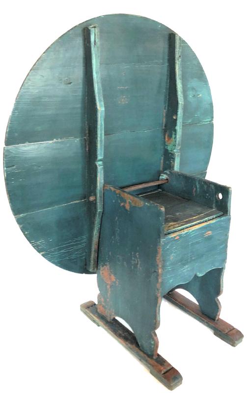 F26 Superb Early 18th Century Pennsylvania painted chair table retaining an old blue over red surface. One-board ends having shaped sides and mortised stepped shoe feet. Rose-head nails with wooden pegs construction . Pine and poplar woods. Circa 1720. Measurements: 28” high x 45” wide