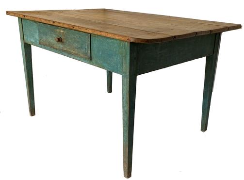 (J551) Mid 19th century Shenandoah Valley Virgina Work Table with scrub top in the original blue paint, tapered hepplewhite legs, with a dovetailed champher fromt drawer. The wood is butternut and white pine, Shenandoah Vallley Augusta Co. Measurements are 49" wide x 35' deep x 29" tall