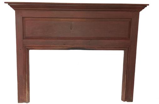 T274 18th century Eastern Shore Maryland raised panel Mantel circa 1780 - 1800 with the original red paint, the wood is yellow pine, mortised and pegged construction. Measurements are 55 1/2 wide x 5 1/2" deep x 72" tall