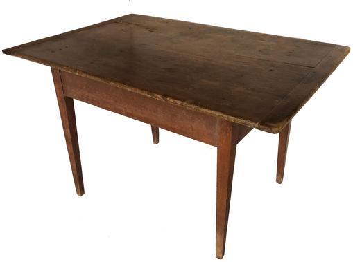 , D529 Late 18th century Newbury port, Essex County, Massachusetts Tavern Table, dry original red paint, one board top 29" wide, with mortised and pin bread board ends which is pegged on, a very square head nails have been added over the year. Resting on a hepplewhite base with a tapered legs each leg is mortised and double pinned.
