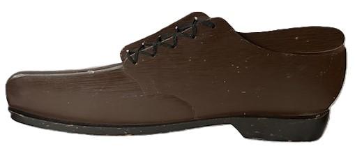 XXXX2  Early 20th century wooden Shoe trade sign, multi layered construction. In the form of a leather dress shoe with cloth show laces, in the original brown paint with a black sole. Measurement are 31 ½ long x 12 tall x 1 ½ thick. 