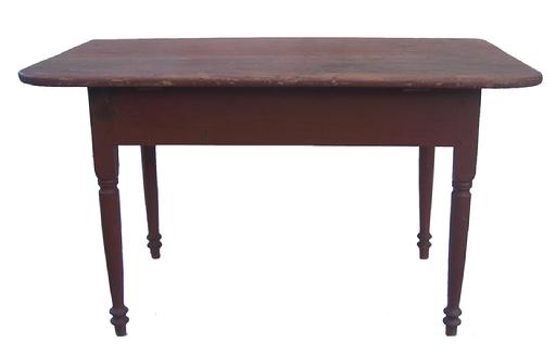 U194  Pennsylvania one board top  Work Table, with old dry red over the original red paint.  31 1/2" wide one board top with two batons. very gracefully turned legs, circa 1800-1820 26 1/2" tall x 31 1/2" wide x 48" long