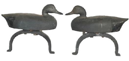 **SOLD** E222 1925-1930'S.  PAIR OF DECOY ANDIRONS. THEY ARE BOTH VERY WELL SIGNED/MARKED RICHARD F.H. CLANCEY SOUTH ST. NEEDHAM, MA. (MASSACHUSETTS). MANY OF RICHARD CLANCEY'S CAST IRON WORK IS SIMPLY MARKED R.F.H. CLANCEY BUT THIS PAIR OF ANDIRONS HAPPENS TO HAVE IS 1ST NAME RATHER THAN JUST HIS INITIALS. Art cast iron pair of Decoy Andirons each decoy embossed on reverse "RICHARD F.H. CLANCEY / SOUTH ST. / NEEDHAM, MASS.", base "SOUTH ST. / RICHARD CLANCEY / NEEDHAM, MASS." and rear log supports stamped "RICHARD F.H. CLANCEY / SOUTH ST. / NEEDHAM. MASS.". First half 20th century. 11" H,19 3/4" D.