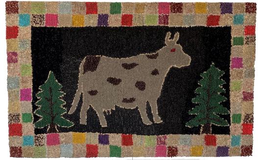 F127 Since the first half of the 19th century, rug hooking has been a popular craft in America, likely sprung from communities in Maine and the Canadian Maritimes. Hooked rugs were made from scraps of fabric and yarn to serve as functional floor pieces and as decorative embellishments for the home. This is a beautiful hand Hooked Rug of a folky cow standing between two trees, on a black background with a checker board of many colors. It has been professionally cleaned and mounted on frame ready for hanging. Measurements are 41" wide x 22" tall