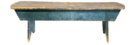 M1141 19th century Pennsylvania original blue painted bench with rounded ends and double drop aprons that are mortised into the splayed legs that end in decorative cut out feet. One board pine construction. Circa 1840s-1850s. Measurements: 58 ½ wide x 13 ¼ deep x 19 ½ tall.