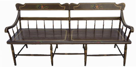 **SOLD** K1634 Early 19th century Pennsylvania paint decorated half spindle back settee bearing original brown painted surface with decorative mustard pinstriping and fruit motif, one board plank seat with pinstripe decoration, scrolled arms bearing pin striping, turned spindles, and rests on turned painted legs. The wood is pine. Often called a "Deacon's" or Hall Bench, this sturdy example is from about 1840. Measurements: 70 ¾ long x 21" deep x 32 ½ tall. Seat height is 16 ¼ tall.