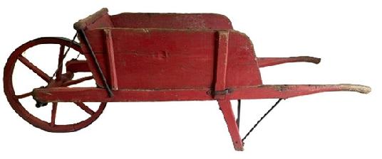 M208 Early 20th century red painted wooden wheelbarrow. It is mortised and pegged with handmade hardware. It has a beautiful wood and iron wheel and iron straps. There are two sides that may be detached and replaced with ease. Measurements: 79 long x 26 ¼ wide x 27 tall sides.