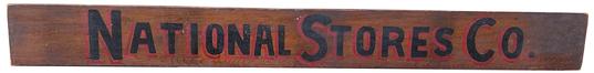 U202 Wooden Sign two sided for National Stores Company circa 1900 ( this was a company that supplied stores with display items such as candy scales, display cases, and store counters) Lancaster PA. Measurements are: 71" long x 7 1/2" tall