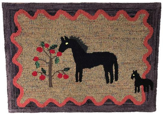 E536 Early 19th century amazing American hooked rug, This dynamic piece of folk art features an apple tree, . Colors are vibrant with no losses. Hooked into a burlap backing. The rug measures an impressive 26 tall" by 35 1/2" antiques@mycountrreasures.com