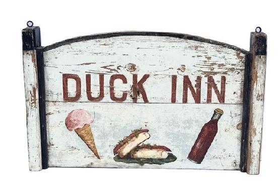L184 Double sided wooden trade sign with "DUCK INN" painted on one side and "BAILEY'S" painted on the reverse. Both sides have an ice cream cone, two hotdogs and a bottle of root beer / soda painted along the bottom edge.  Overall measurements: 33 &frac14;� wide x 20 &frac14;� tall. The center portion is &frac34;� thick and the ends are 3 &frac34;� thick.  